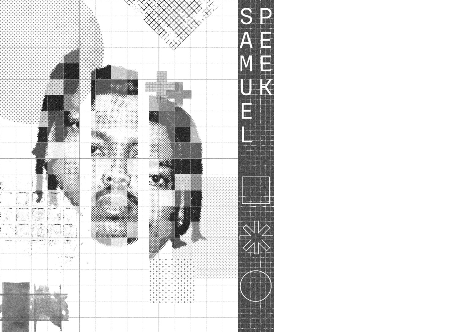 Samuel Peek portrait collage with a vertical name and geometric symbols