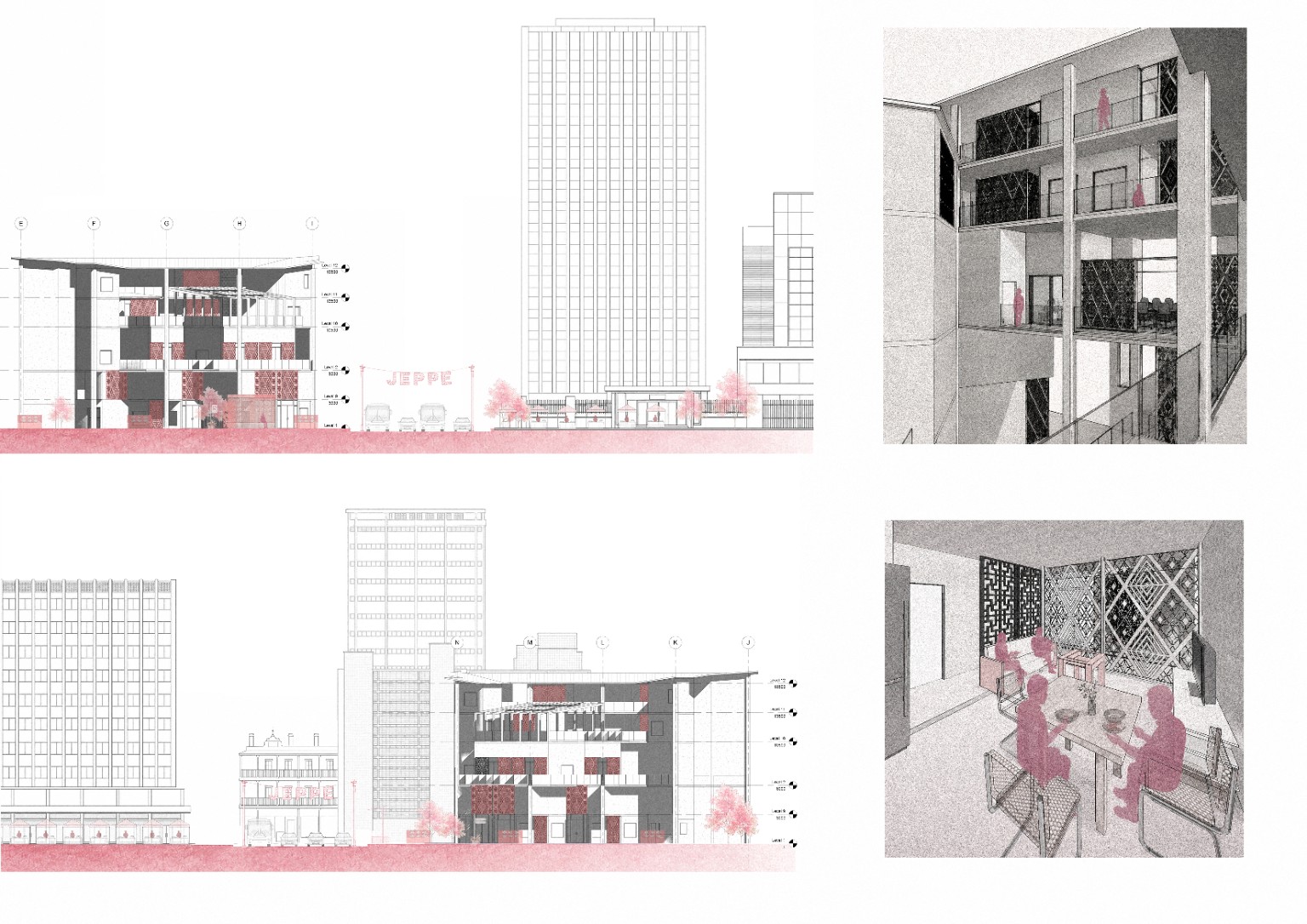 ELEVATIONS AND INTERIOR PERSPECTIVES. Original Common Ground architectural sheet.